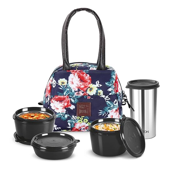 Image of MILTON Floret Lunch Box with Insulated Fabric Jacket, 3 Microware Safe Inner Stainless Steel Containers 180ml