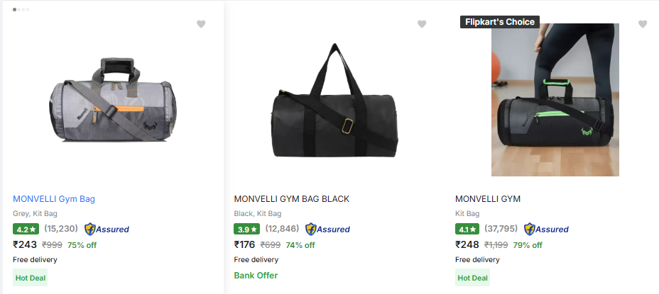 Image of MONVELLI Gym Bag Starts Price @ ₹243