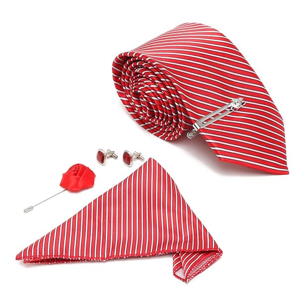 Image of MUTAQINOTI Mens Red Silk Necktie Set 