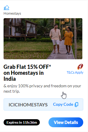 Image of Makemytrip Coupon: Grab FLAT 15% OFF on Homestays with ICICI Credit Card