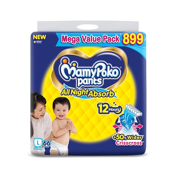 Image of MamyPoko Pants All Night Absorb Baby Diapers Large (L), 66 Count 9-14 kg