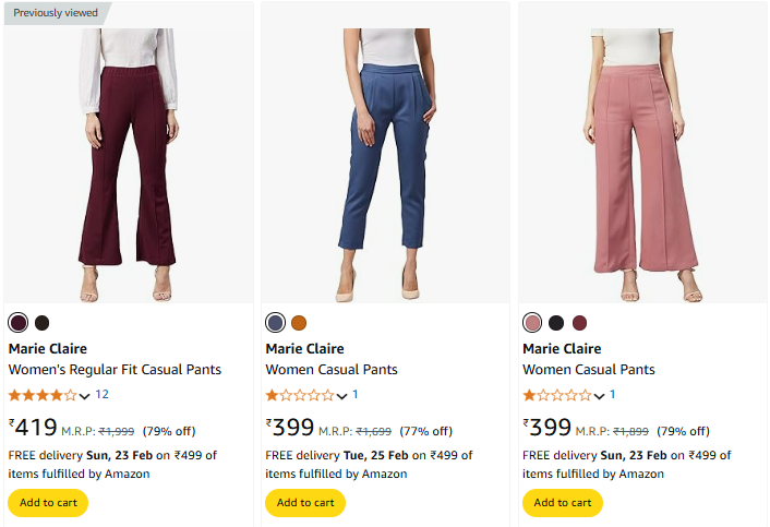 Image of Marie Claire Women's Regular Fit Casual Pants Starting Price @₹419