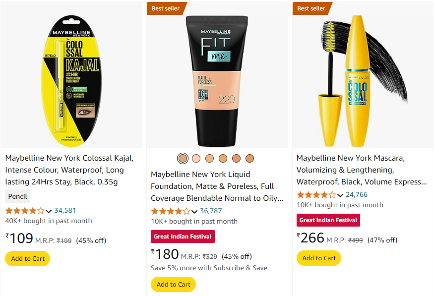 Image of Maybelline beauty product starting @ ₹109 up to 47% Discount