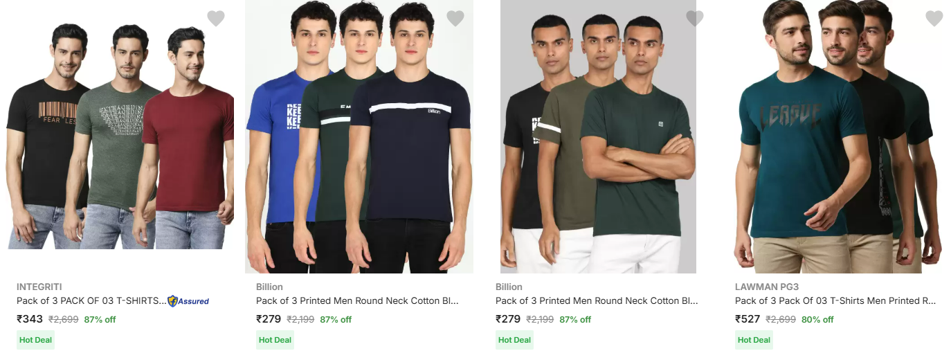 Image of Men's Branded Pack of 3 Printed T-Shirt Starting at ₹279