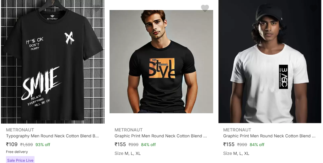 Image of Metronaut Men's T Shirts Up to 93% Discount for Starting at ₹109