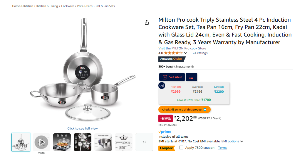 Image of Milton Pro cook Triply Stainless Steel 4 Pc Induction Cookware Set