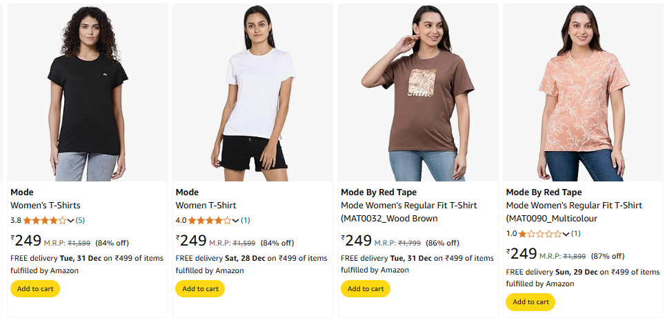 Image of Mode By Red Tape Mode Women's Regular Fit T-Shir Starting Price @ ₹249