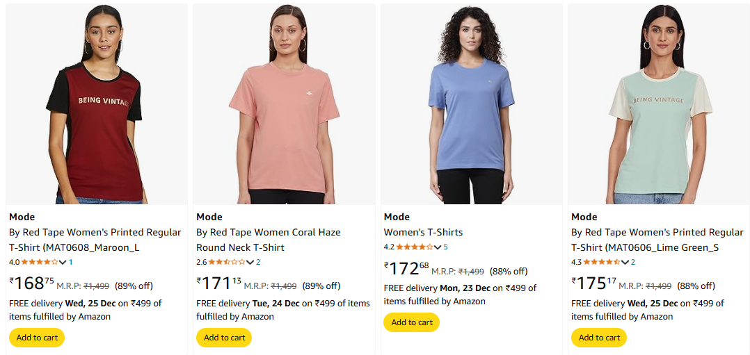 Image of Mode By Red Tape Women's Regular Fit T-Shirt up to 88% Discount