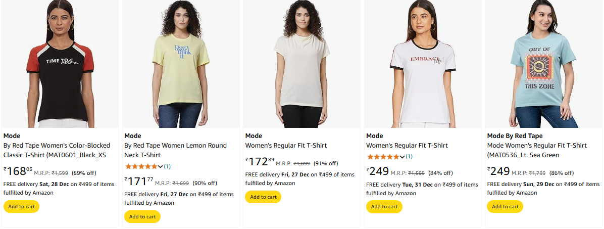 Image of Mode By Red Tape Women's T-Shirt minimum 70-91% Discount