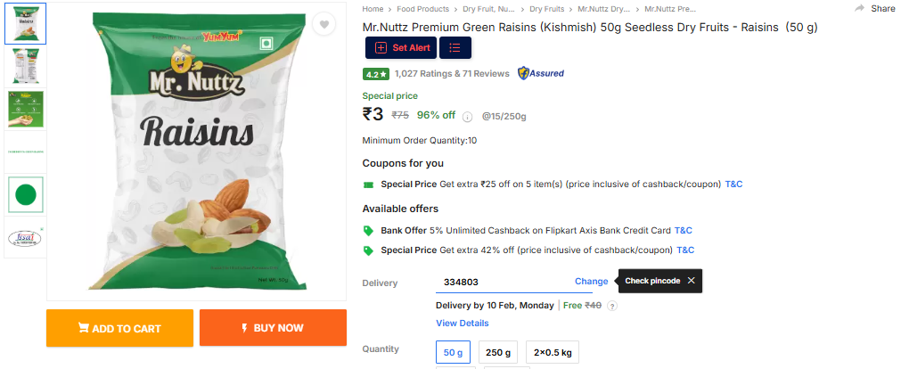 Image of Mr.Nuttz Premium Green Raisins (Kishmish) 50g Seedless Dry Fruits