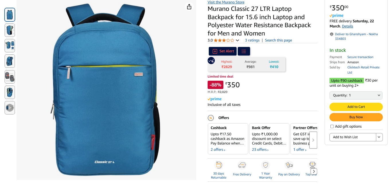 Image of Murano Classic 27 LTR Laptop Backpack