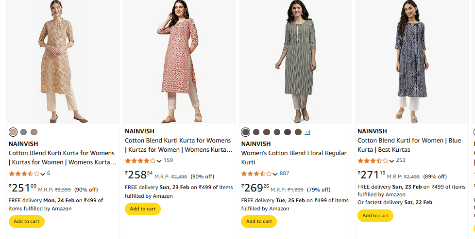 Image of NAINVISH Cotten Blend Kurtas for Women Minimum 70% Discount