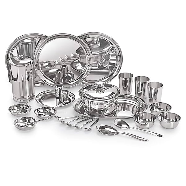 Image of Neelam Stainless Steel Dinner Set, 55 pieces.