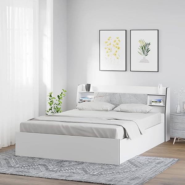 Image of Nilkamal Marbito Engineered Wood Queen Bed with Storage (White)