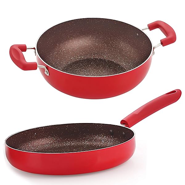 Image of Nirlon Red Stone Induction and Gas Compatible Non Stick Aluminium 2 Piece Cookware Set