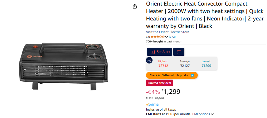 Image of Orient Electric Heat Convector Compact Heater | 2000W