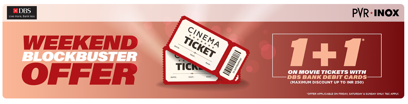 Image of PVR Cinema Offers: Buy 1 Get 1 Movie Tickets with DBS Bank Debit Card