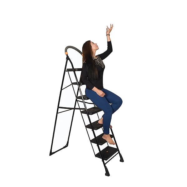 Image of Parasnath Black Diamond Ladder with Wide Steps 7 Steps 7.3 ft Folding Ladder Made in India