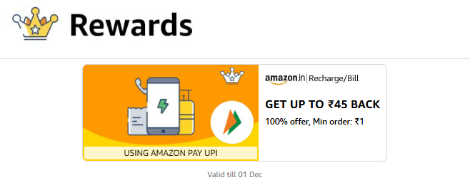 Image of Pay on Amazon Pay UPI Get 100% Cashback Up-to Rs.45 On Recharge/Bills Payment.