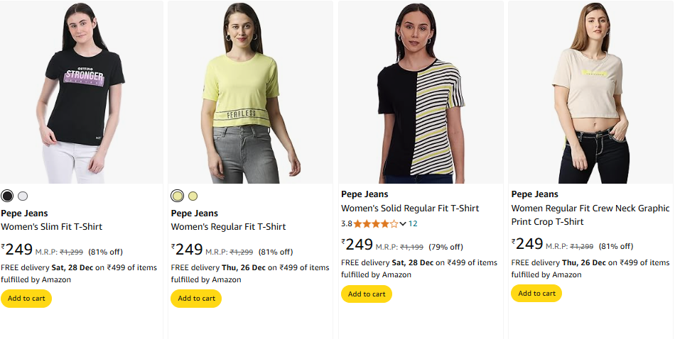 Image of Pepe Jeans Women's Regular Fit T-Shirt Starting Price @ ₹249