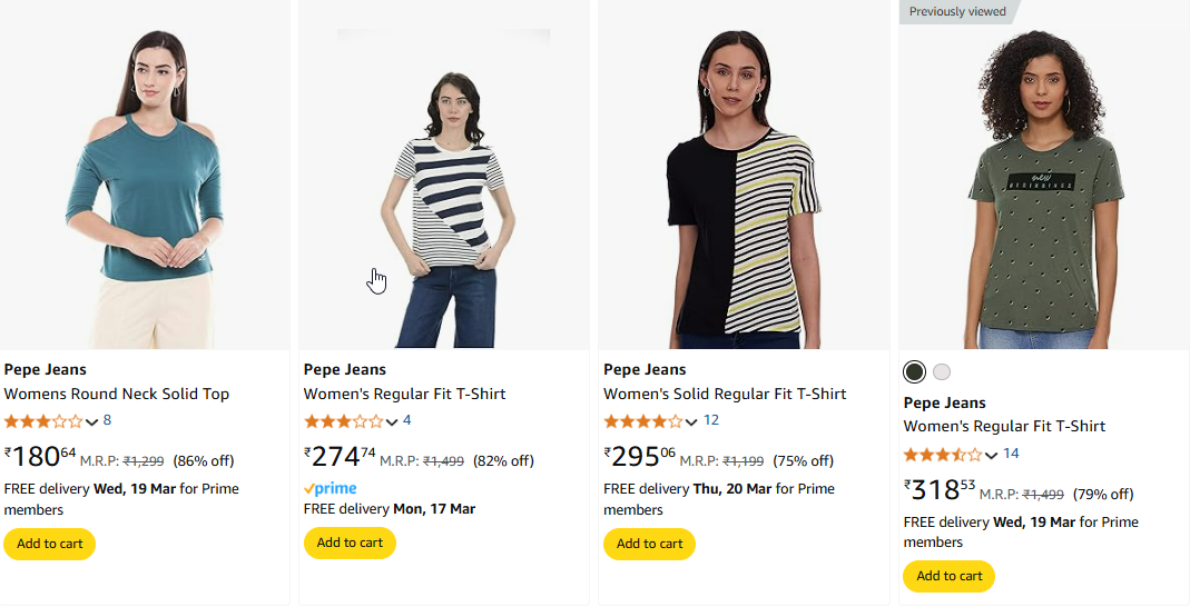 Image of Pepe Jeans Women's Regular Fit T-shirt Starting @ ₹180