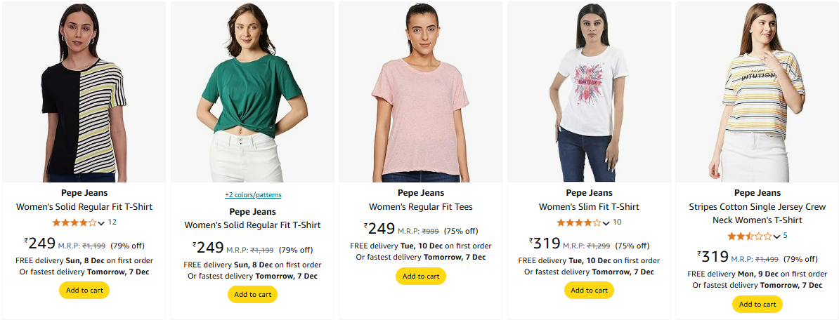 Image of Pepe Jeans Women's T-shirts starting at ₹249 upto 79% Discount