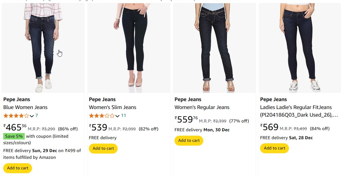 Image of Pepe Women's Jeans Starting Price @ ₹465