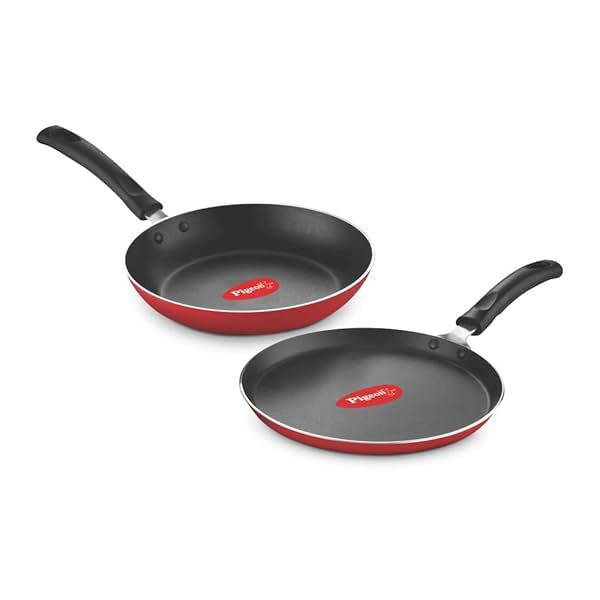 Image of Pigeon Aluminium Nonstick Duo Pack Flat Tawa 250 and Fry Pan 200 Gift Set (Red)