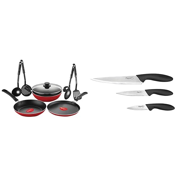 Image of Pigeon Mio Aluminium Cookware Set (8 Pieces) + Pigeon Stainless Steel Kitchen Knives Set (3 Pieces)