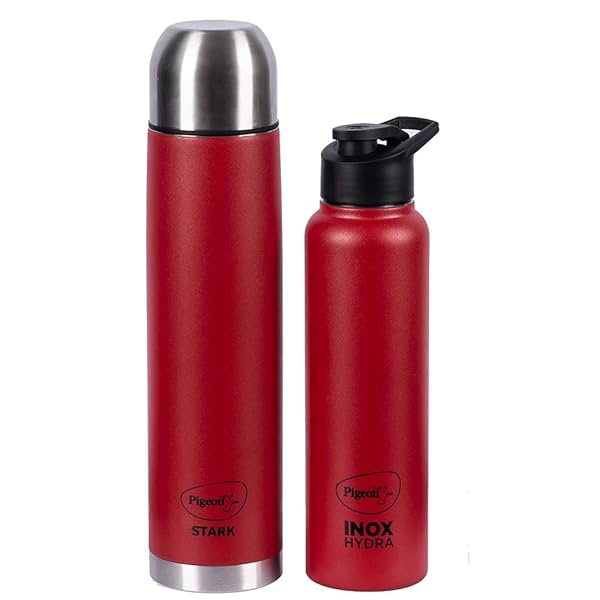 Image of Pigeon by Stovekraft Therminox Stark Plus Vacuum Insulated Flask 1000ml Red + INOX Hydra Red Single Walled Fridge Bottle