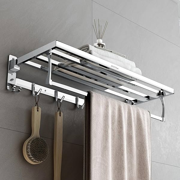 Image of Plantex Folding Towel Rack with Hooks for Bathroom