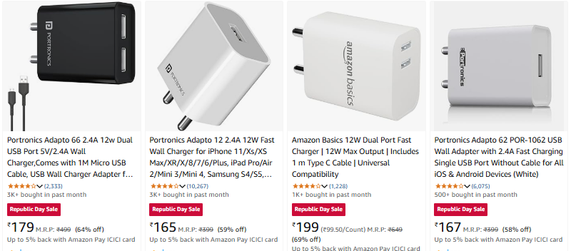 Image of Portronics & Amazon Basics Charging Adapter & Cable Starting at ₹165