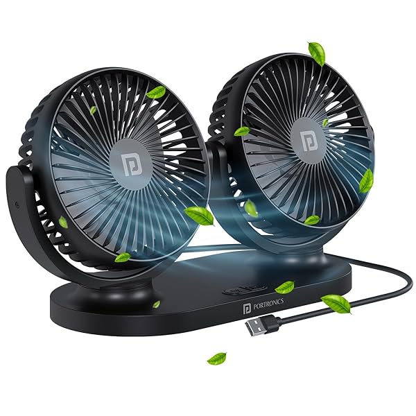 Image of Portronics TwinCool fan: USB powered, dual head, 360° rotatable, 3-speed, silent, for car/desk/home.