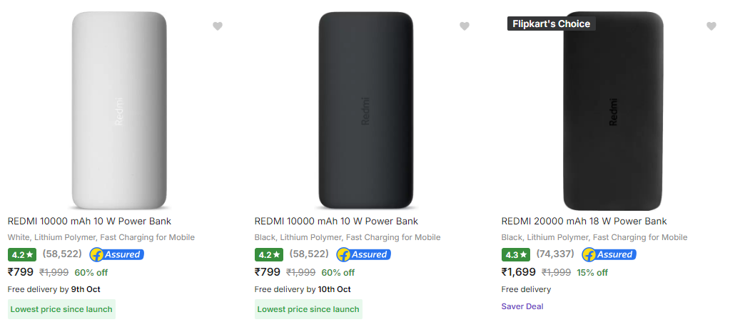 Image of Power Banks Available on Flipkart for Minimum 60% Discount | Starting @ ₹799