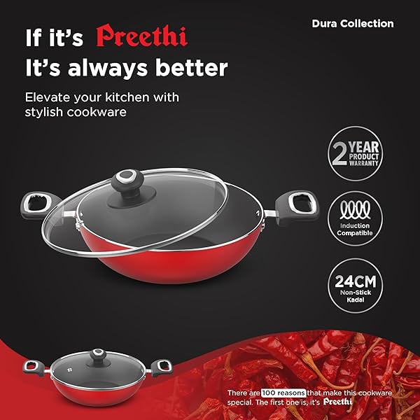 Image of Preethi Dura Collection Non Stick Kadai, 24 cm, with Glass Lid