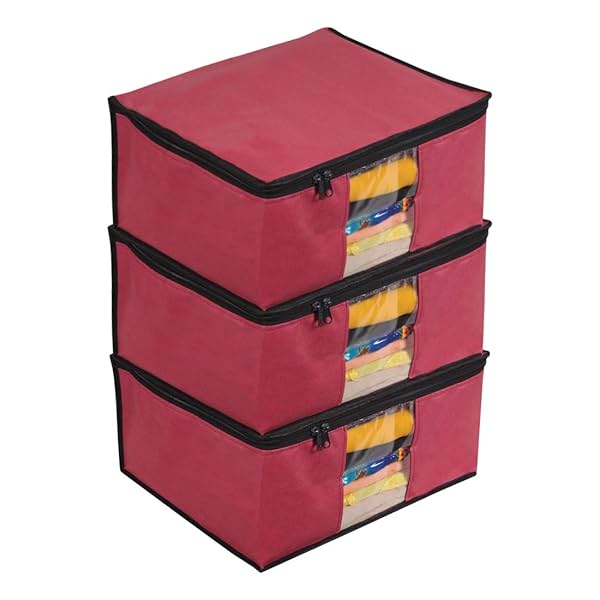 Image of Prettykrafts Set of 3 Non Woven Foldable Saree Cover/Cloth Storage Bag/Wardrobe Organizer