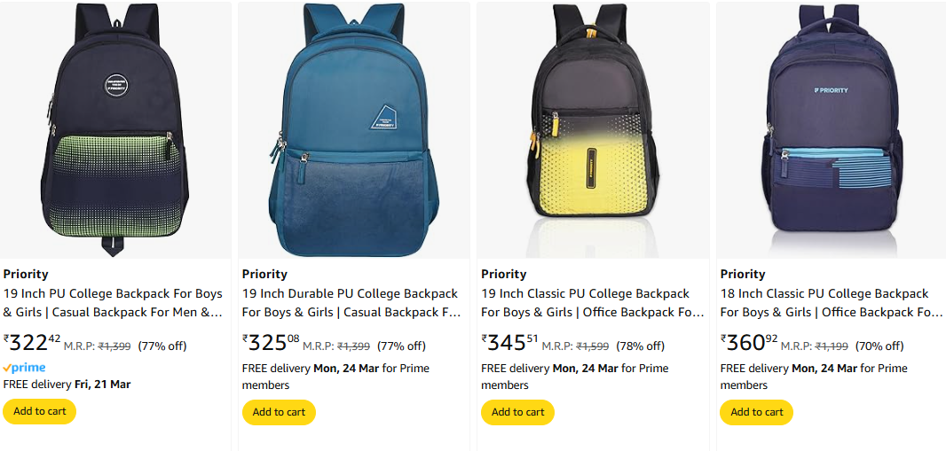 Image of Priority College Backpacks for Girls & Boys Minimum 80% Discount