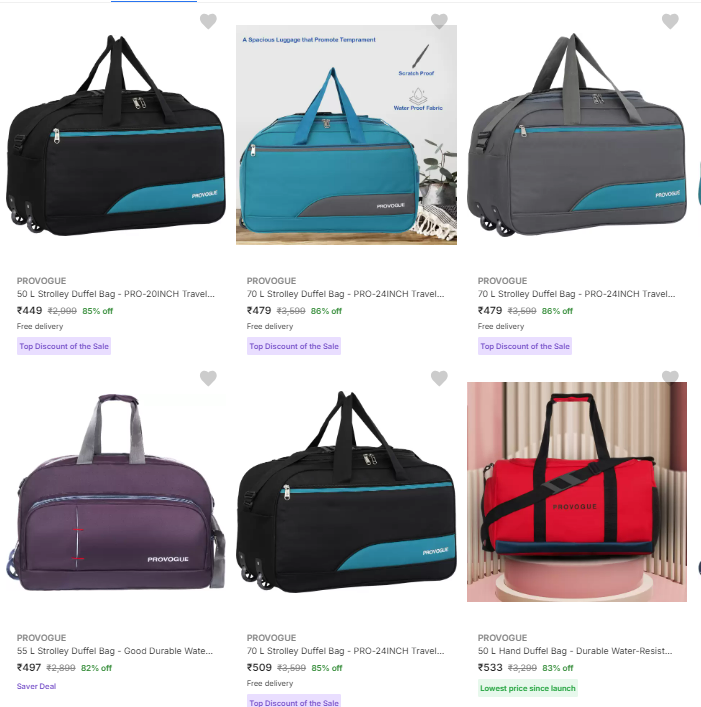 Image of Provogue Duffel Bags @ Minimum 85% Discount