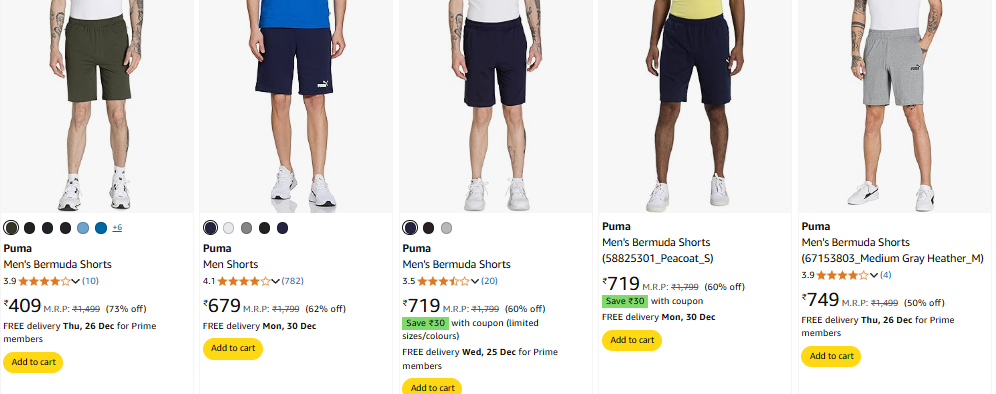 Image of Puma Men's Bermuda Shorts Starts @ ₹409