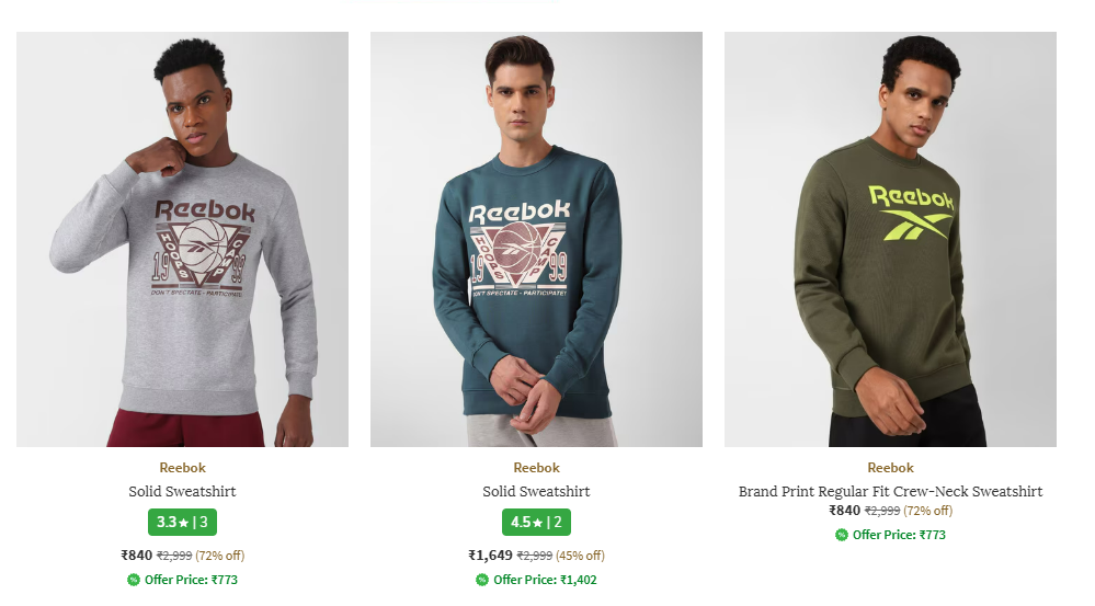 Image of REEBOK Solid Sweatshirt Starting Price @₹840