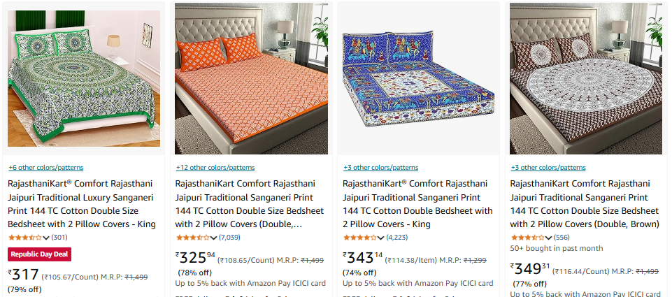 Image of RajasthaniKart® Comfort Rajasthani Jaipuri Print Double Bedsheet at Minimum 70% Discount 