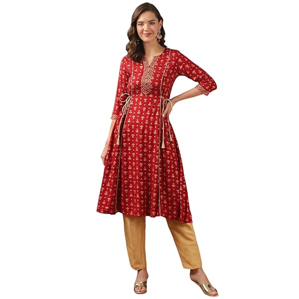 Image of Rangita Maroon Rayon Calf Length Printed A-line Kurti for Women