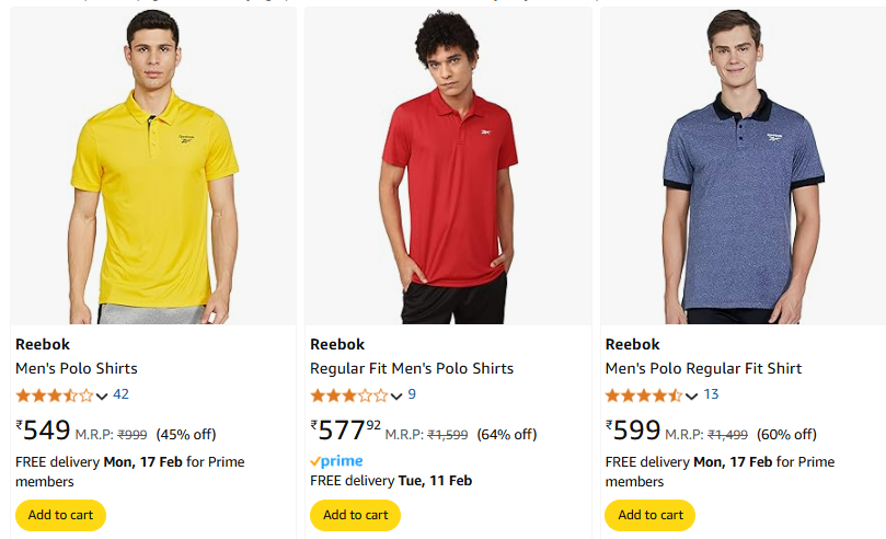 Image of Reebok Men's Polo Shirts Starting Price @₹549