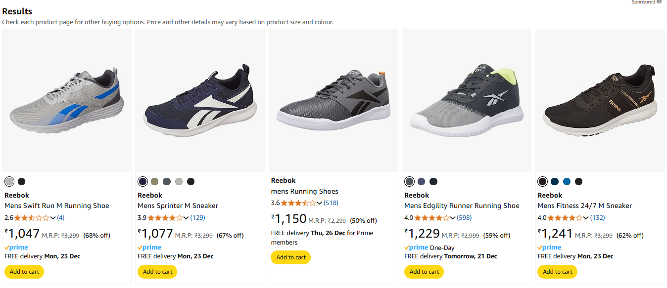 Image of Reebok Mens Running Shoes Starting at 68% Discount 