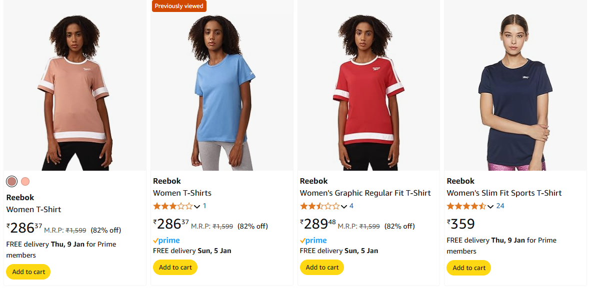 Image of Reebok Women Fashion T-shirt Start Price @ ₹286