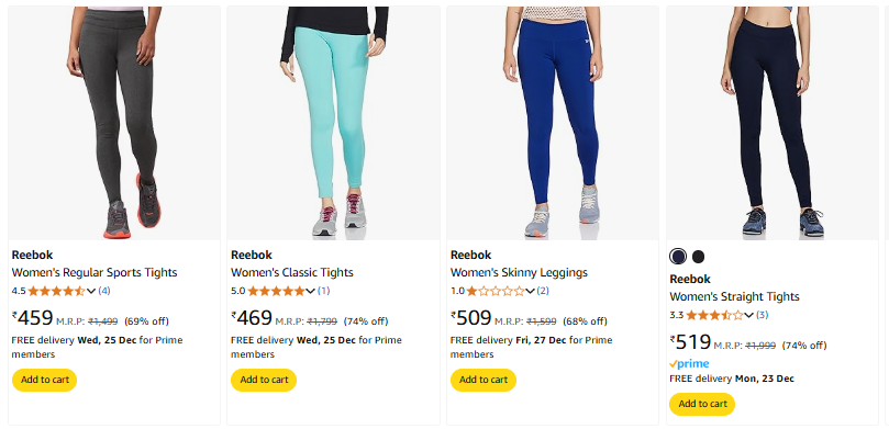 Image of Reebok Women's Fashion Tights Starts @ ₹459