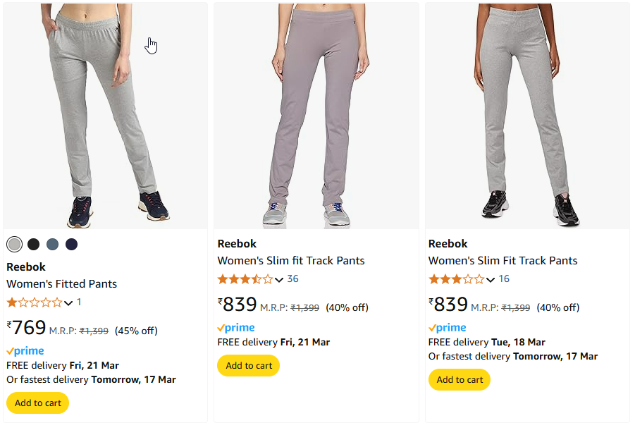 Image of Reebok Women's Fitted Pants Starting Price At ₹769