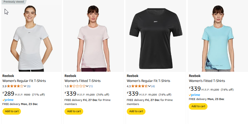 Image of Reebok Women's Regular Fit T-Shirts Starts @ ₹289