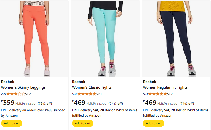 Image of Reebok Women's Skinny Leggings Starting Price @ ₹359