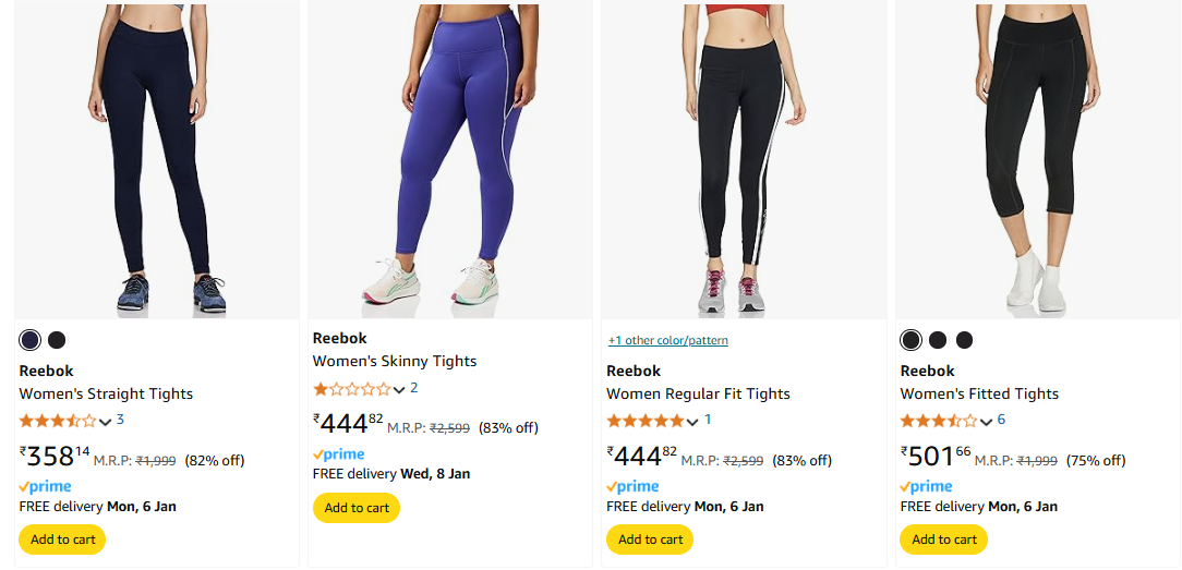 Image of Reebok Women's Straight Tights Starts Price @ ₹358